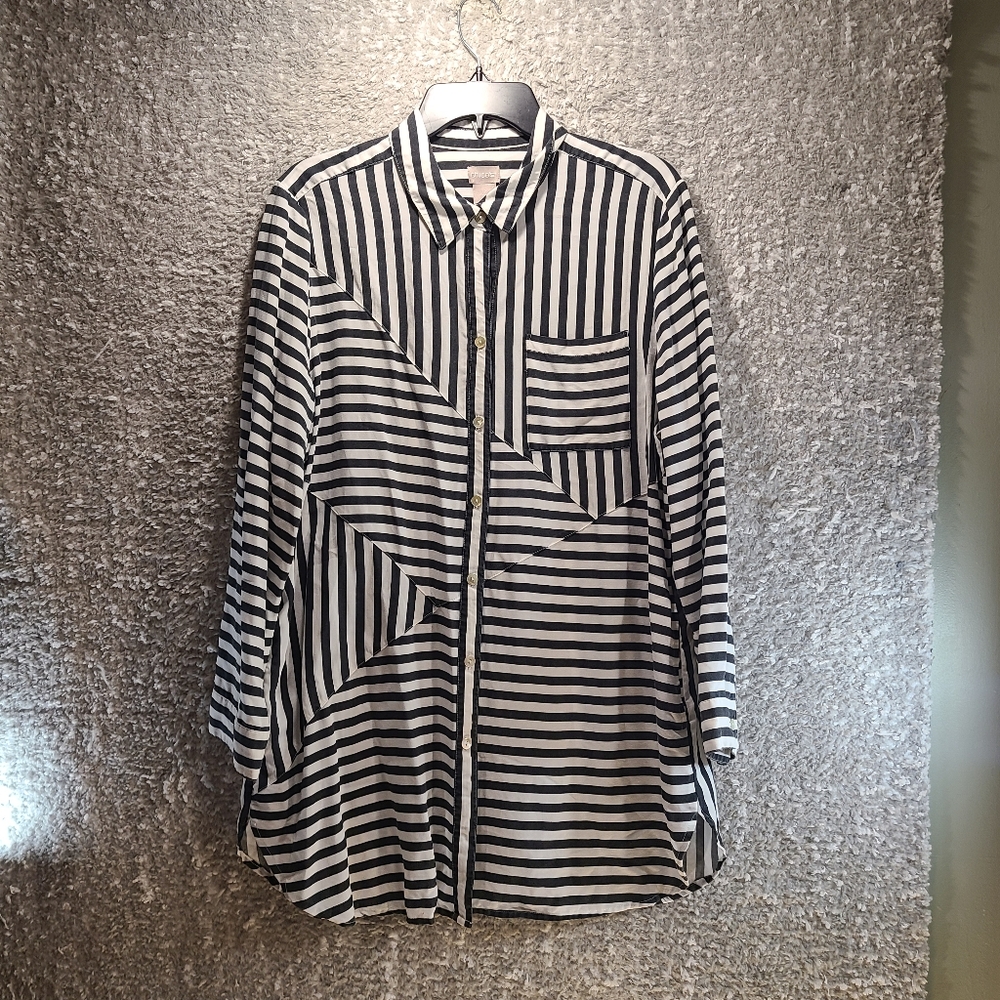 Chico's Tunic Top Splice Stripe Button Up Long Sleeve Black White Lyocell Pocket